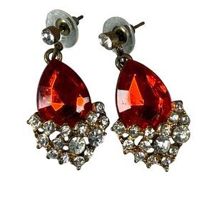 Vintage Gold-Tone Drop Pierced Earrings Red Teardrop Faux Gemstone Rhinestones